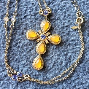Avon necklace faux gold yellow cross purple stones